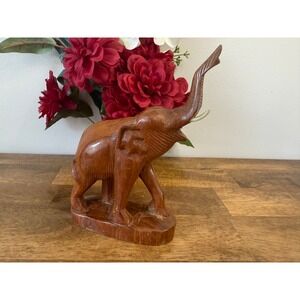 Vintage Hand Carved Wood Elephant Figurine Safari Decor Mid Century